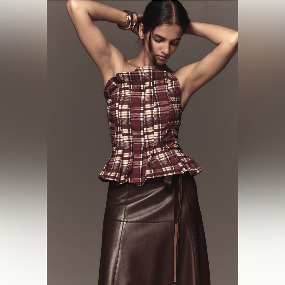 Anthropologie Burgundy Plaid Peplum Camisole